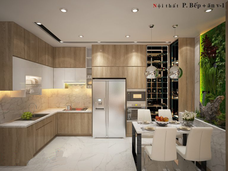 Bếp kết hợp ph&ograve;ng ăn c&oacute; thiết kế tủ bếp chữ L