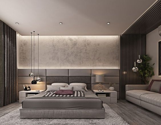 h&igrave;nh ảnh mẫu ph&ograve;ng ngủ master t&ocirc;ng m&agrave;u trung t&iacute;nh, cạnh giường l&agrave; ghế sofa d&agrave;i &ecirc;m &aacute;i