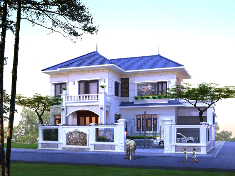 hình ảnh phối cảnh 3D mặt tiền biệt thự 2 tầng 4 phòng ngủ