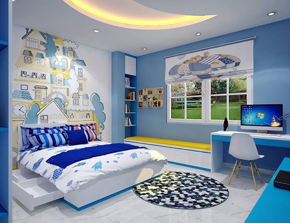 h&igrave;nh ảnh ph&ograve;ng ngủ con trai m&agrave;u xanh chủ đạo