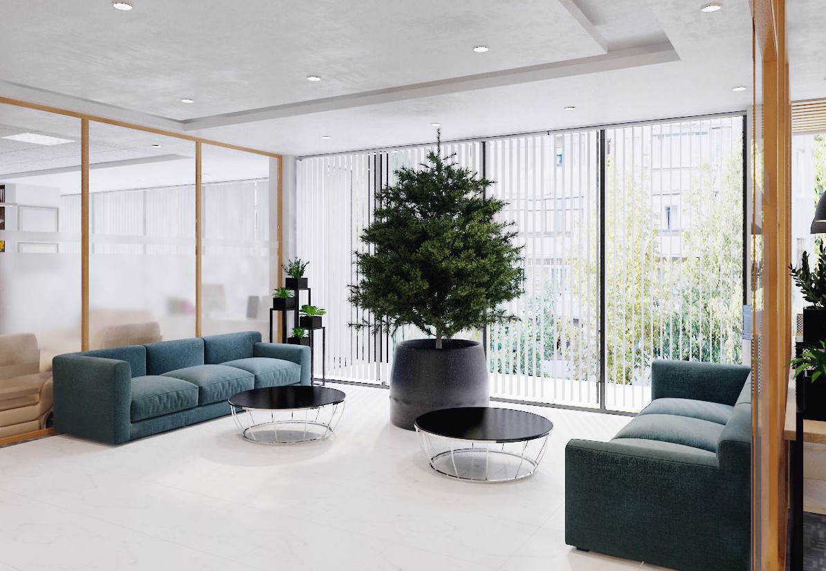 h&igrave;nh ảnh sảnh van ph&ograve;ng tầng 2 với sofa m&agrave;u xanh nước biển, b&agrave;n tr&agrave; tr&ograve;n với bề mặt m&agrave;u đen, chậu c&acirc;y lớn tạo điểm nhấn