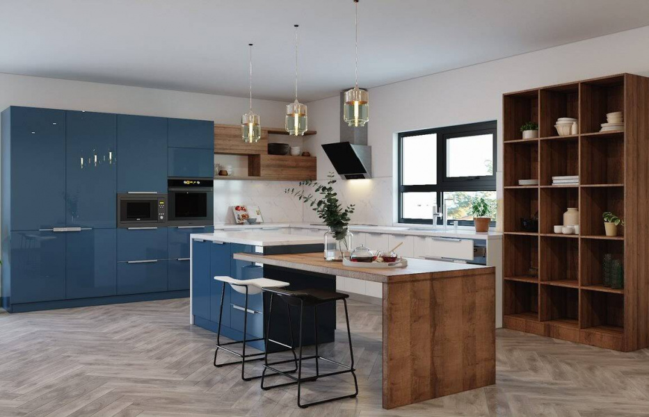 hình ảnh phòng bếp phong cách hiện đại với tủ kệ MDF màu sắc bắt mắt