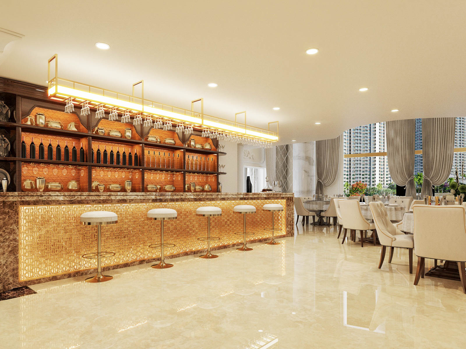hình ảnh khu vực quầy bar khách sạn 4 sao với tông màu vàng sang trọng