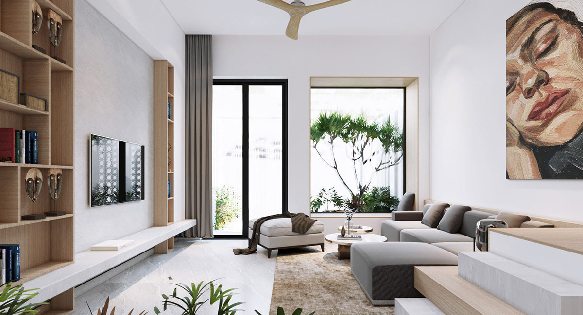 hình ảnh phòng khách rộng rãi, thoáng sáng với sắc trắng chủ đạo, kệ gỗ, sofa xám, tranh nghệ thuật treo tường