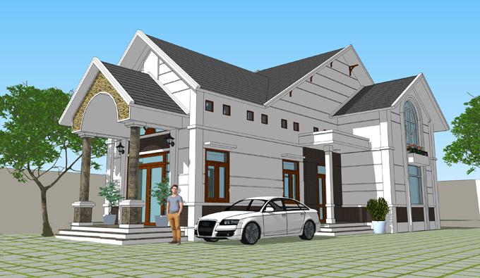 hình ảnh phối cảnh 3D mẫu nhà vườn 1 tầng có gác lửng
