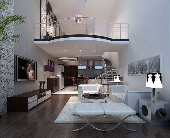 hình ảnh phòng khách nhà vườn 1 tầng có gác lửng với sofa màu trắng, tủ kệ tivi bằng gỗ sẫm màu