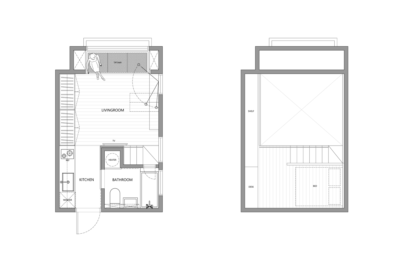 Mặt bằng bố tr&iacute; nội thất căn hộ 22m2 c&oacute; g&aacute;c lửng