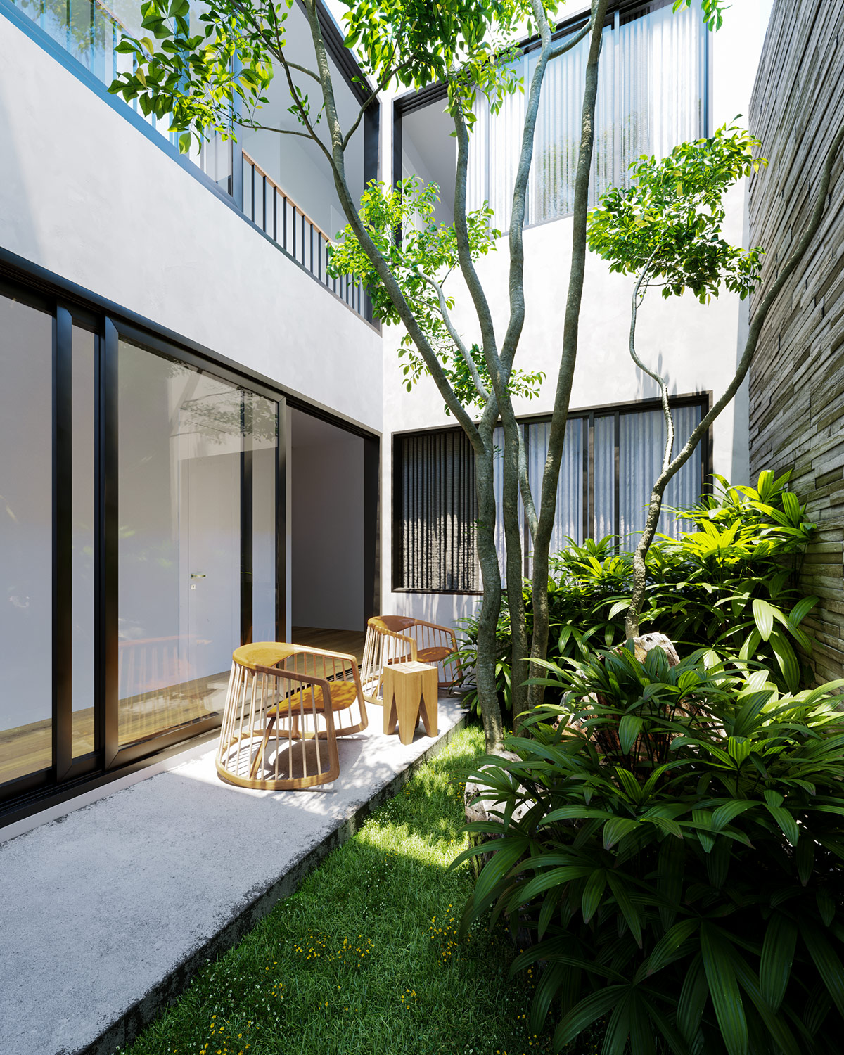 h&igrave;nh ảnh cận cảnh s&acirc;n trong nh&agrave; phố ngập tr&agrave;n nắng gi&oacute; với c&acirc;y xanh tốt, ghế ngồi thư gi&atilde;n