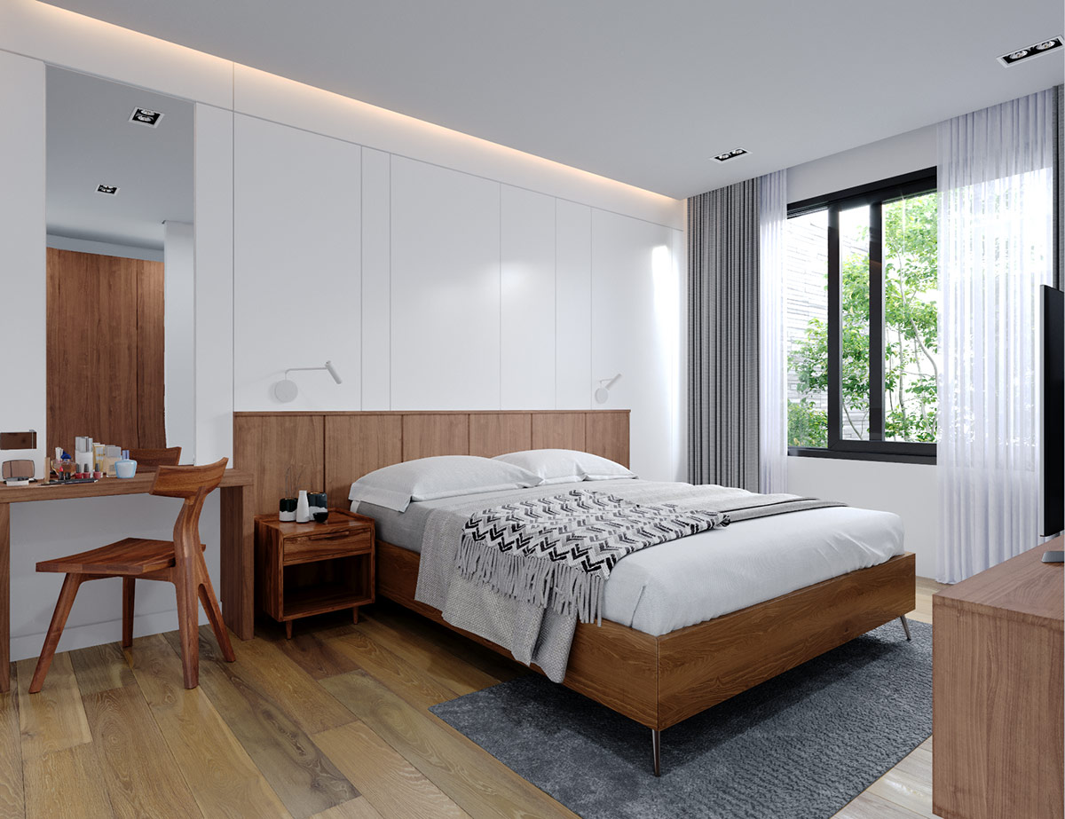 h&igrave;nh ảnh ph&ograve;ng ngủ tho&aacute;ng s&aacute;ng với khung cửa sổ k&iacute;nh mở ra s&acirc;n vườn b&ecirc;n ngo&agrave;i