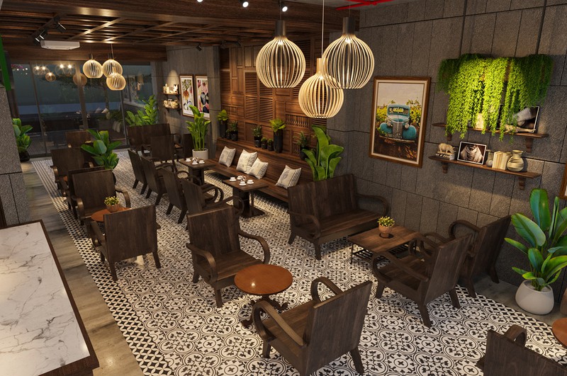 hình ảnh bên trong quán cà phê độc đáo ở Hội An với các bộ bàn ghế salon gỗ cũ kỹ