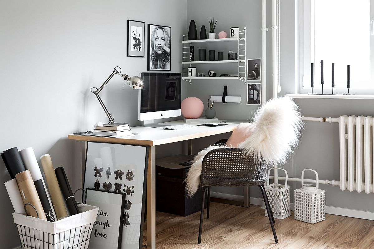 hình ảnh phòng thủ công nhỏ phong cách Scandinavian với hai tông màu đen trắng chủ đạo