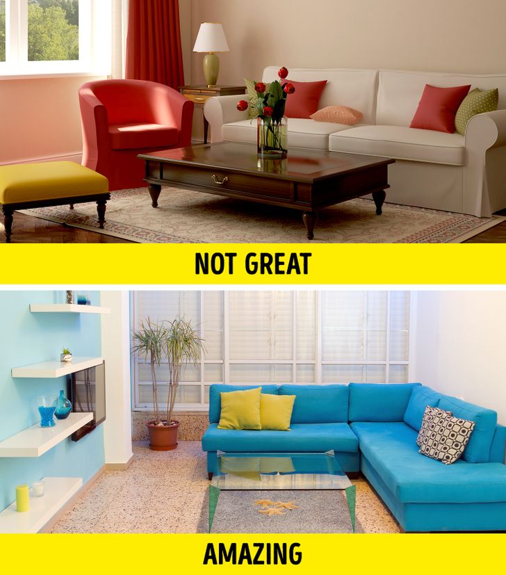 h&igrave;nh ảnh ghế sofa h&igrave;nh chữ L m&agrave;u xanh dương trong ph&ograve;ng kh&aacute;ch nhỏ