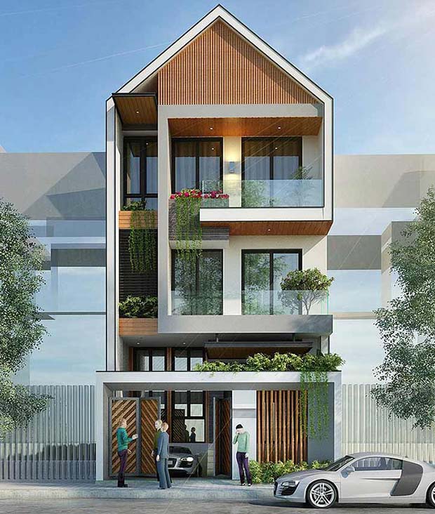 hình ảnh nhà phố 3 tầng với mặt tiền xanh mướt