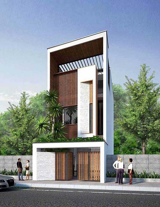 hình ảnh mẫu nhà ống 2,5 tầng trên đất rộng 45m2 với hệ lam gỗ che chắn mặt tiền