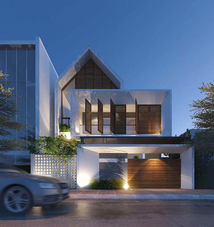 hình ảnh ngôi nhà phố hiện đại với tông màu trắng chủ đạo, cửa gỗ tạo điểm nhấn ấm áp