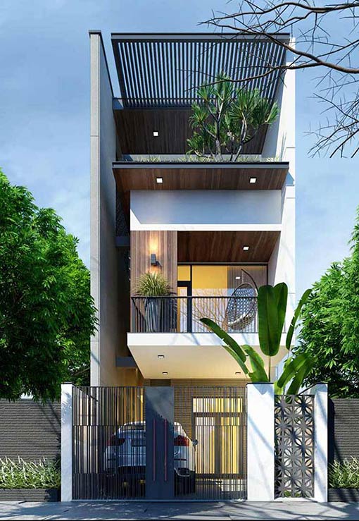 hình ảnh mẫu nhà phố 2 tầng 1 tum phong cách hiện đại với ban công tầng 2 rộng rãi đua ra ngoài, lam che trên tầng tum