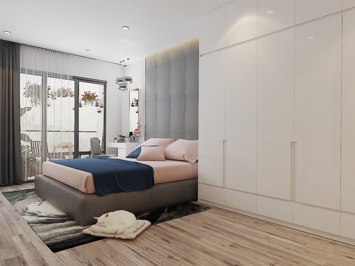 hình ảnh phòng ngủ master hiện đại có cửa kính mở ra ban công riêng