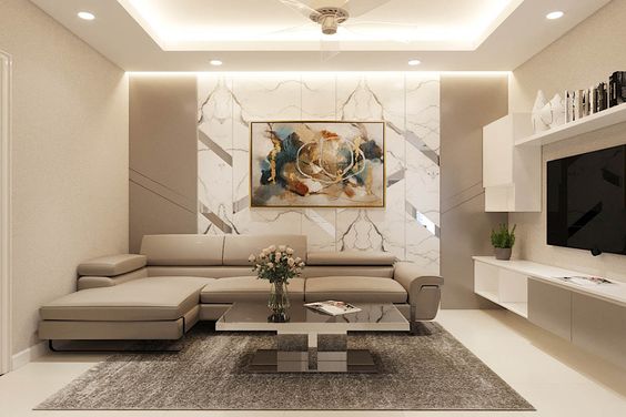 hình ảnh phòng khách nhà ống đẹp với bức tường decor phong cách với bức tranh nghệ thuật màu sắc và đá cẩm thạch.
