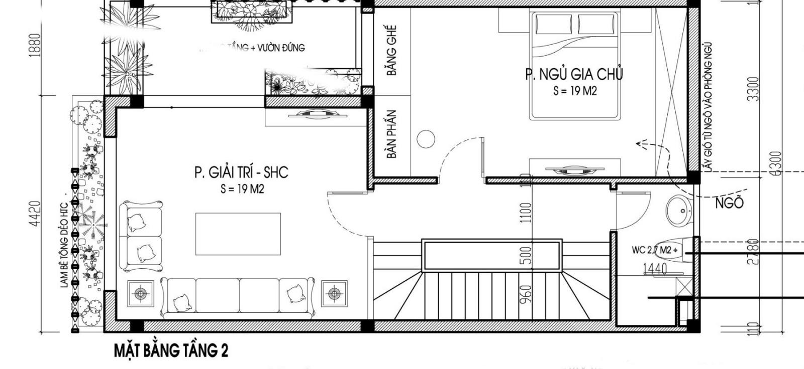 Mặt bằng bố trí nội thất tầng 2 nhà ống