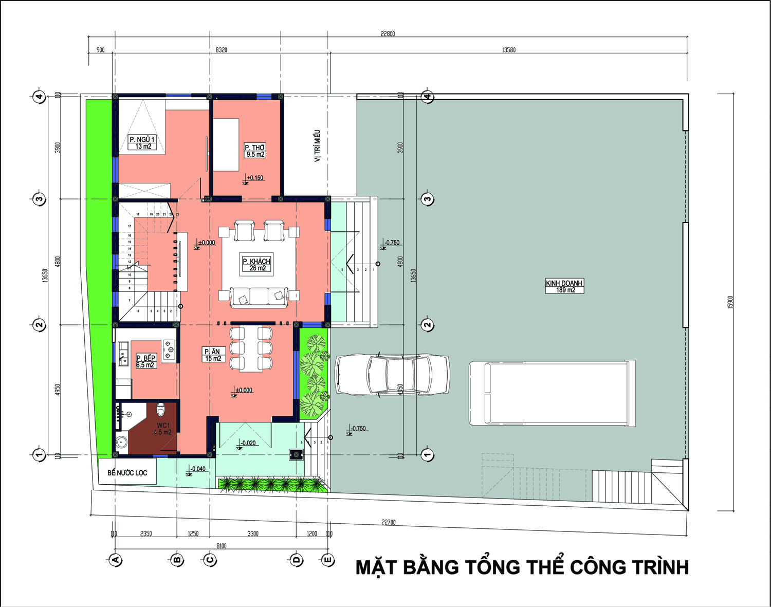 Mặt bằng tổng thể biệt thự 3 tầng mái Thái 4 phòng ngủ