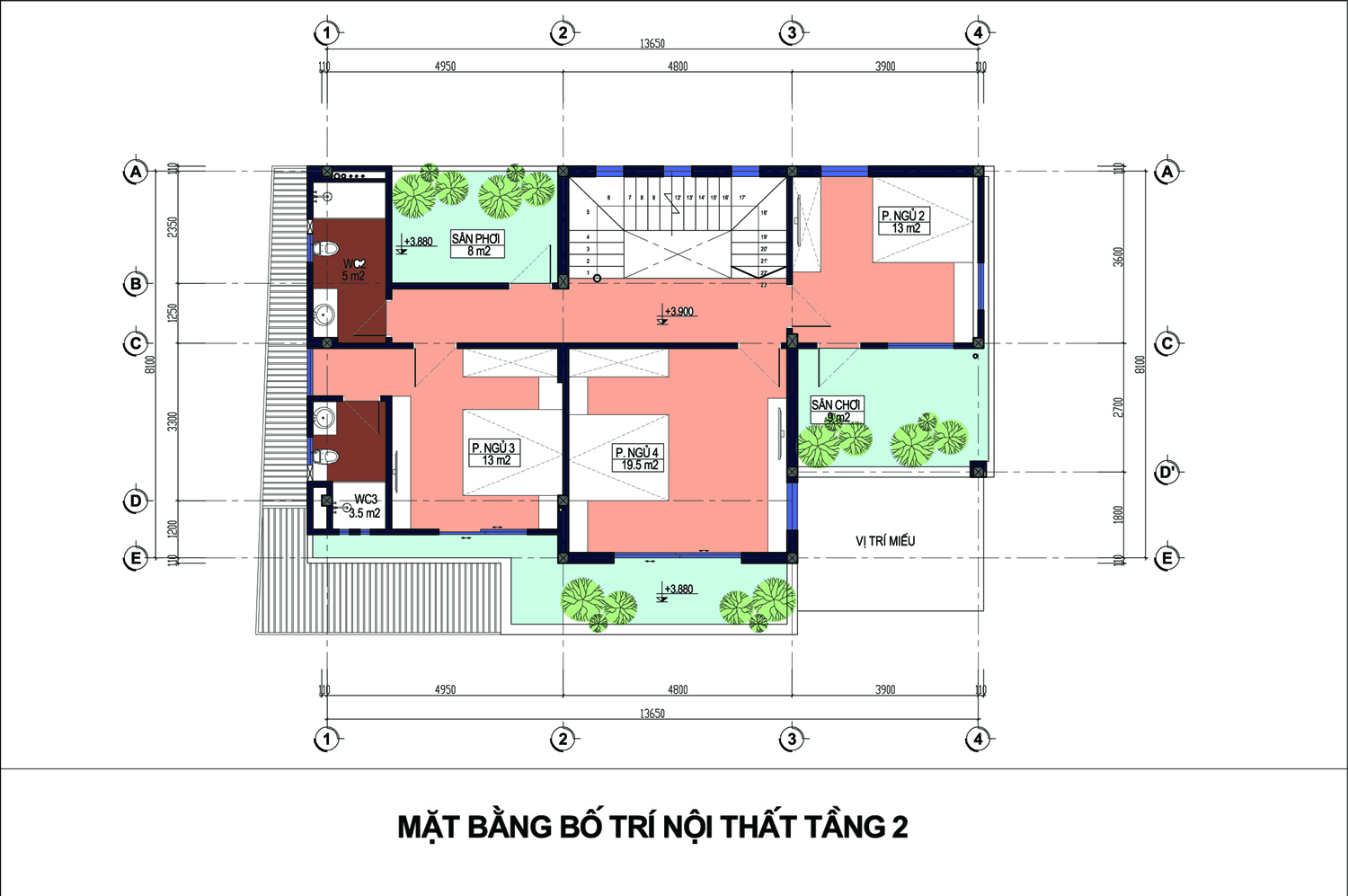 Mặt bằng tầng 2 biệt thự mái Thái