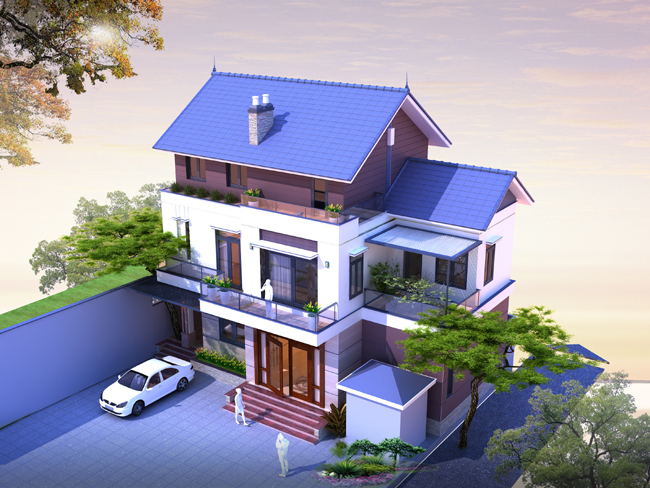 hình ảnh toàn cảnh biệt thự 3 tầng mái Thái hiện đại với đường nét kiến trúc vuông vắn, chắc khỏe và được bao phủ bởi lớp sơn trắng chủ đạo, nhấn nhá sắc nâu mộc mạc.