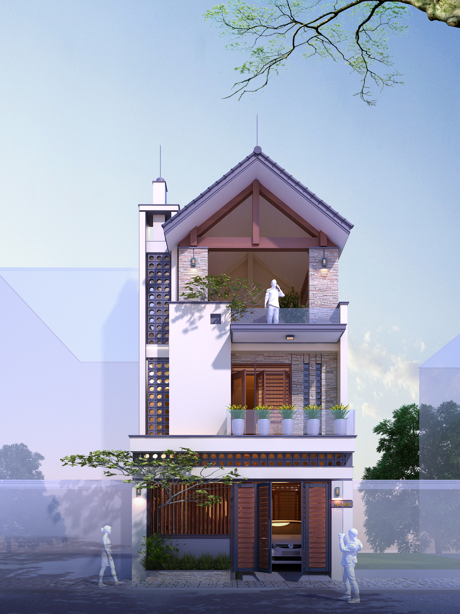 phối cảnh 3D mẫu nhà ống 3 tầng hiện đại hình ảnh kiến trúc mặt tiền nhà ống kết hợp truyền thống và hiện đại với những điểm nhấn bằng gỗ tự nhiên, gạch lỗ thông gió là lan can kính cường lực.