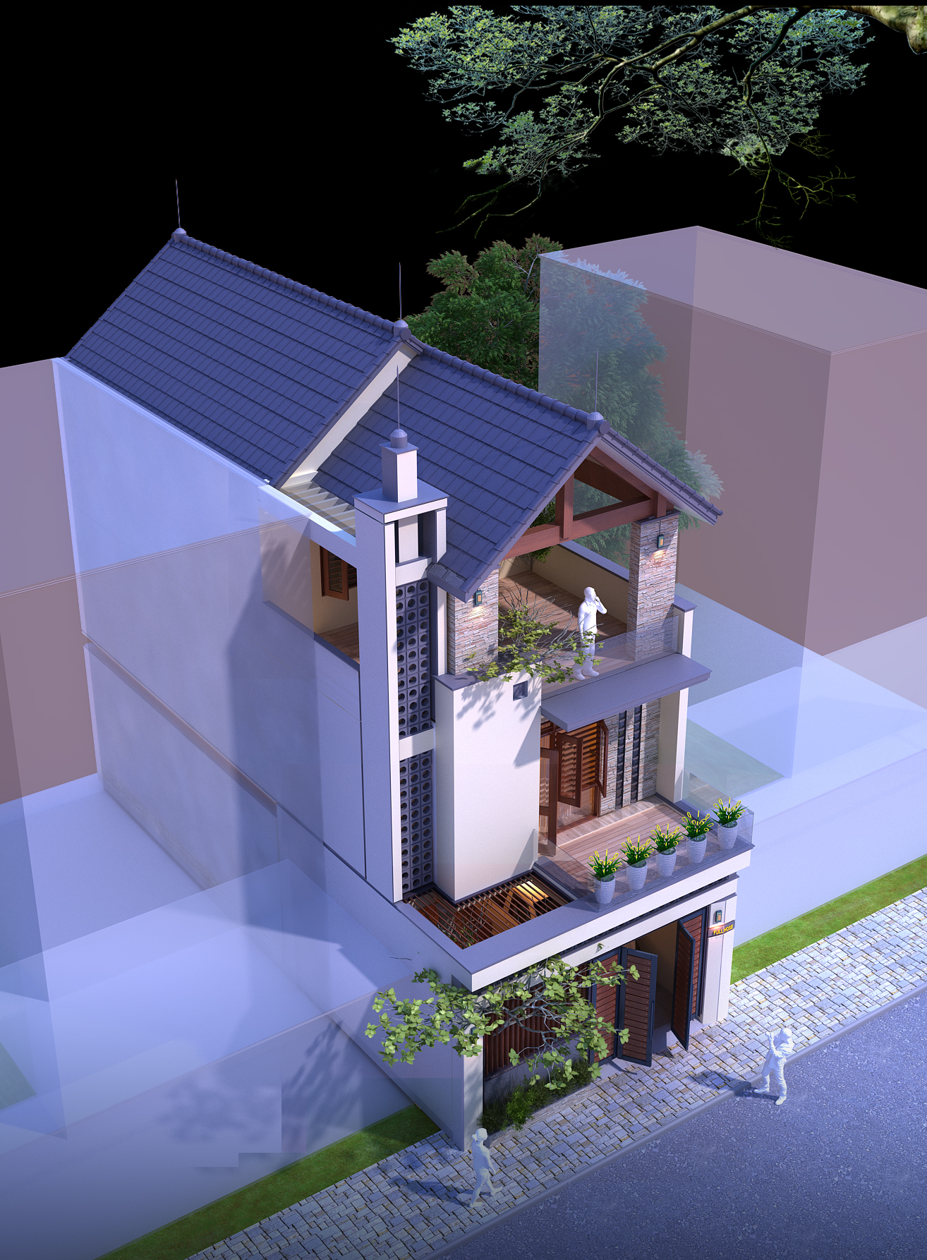 Phối cảnh mẫu nhà ống 3 tầng đẹp hinh ảnh tường gạch lỗ, lam gỗ mặt tiền và hệ cửa kính giúp giải quyết tối ưu việc lấy sáng và thông gió tự nhiên cho công trình.