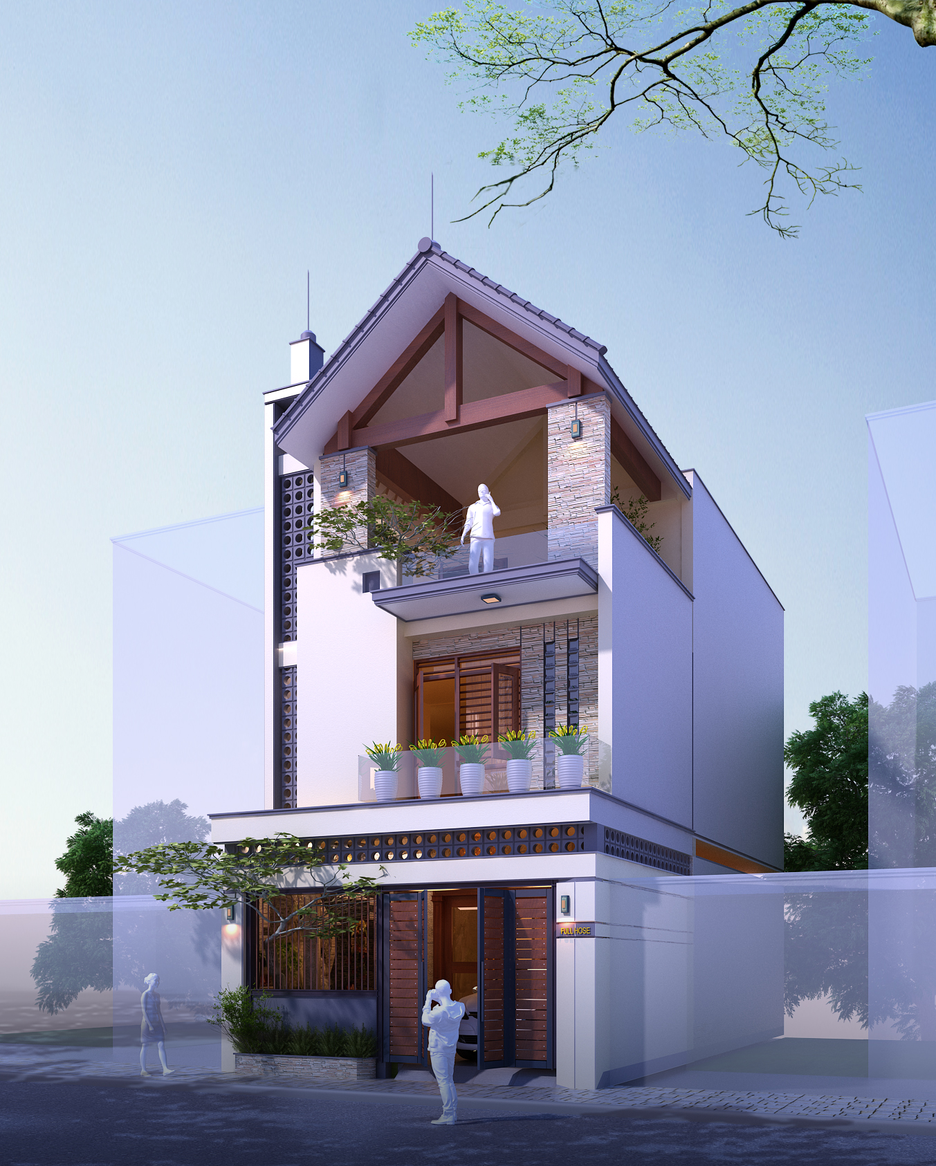 cận cảnh mặt tiền nhà ống 3 tầng hình ảnh toàn cảnh mặt tiền nhà ống 3 tầng toát lên vẻ hiện đại, sang trọng mà vẫn rất gần gũi, thân thuộc với hệ mái ngói bình dị.