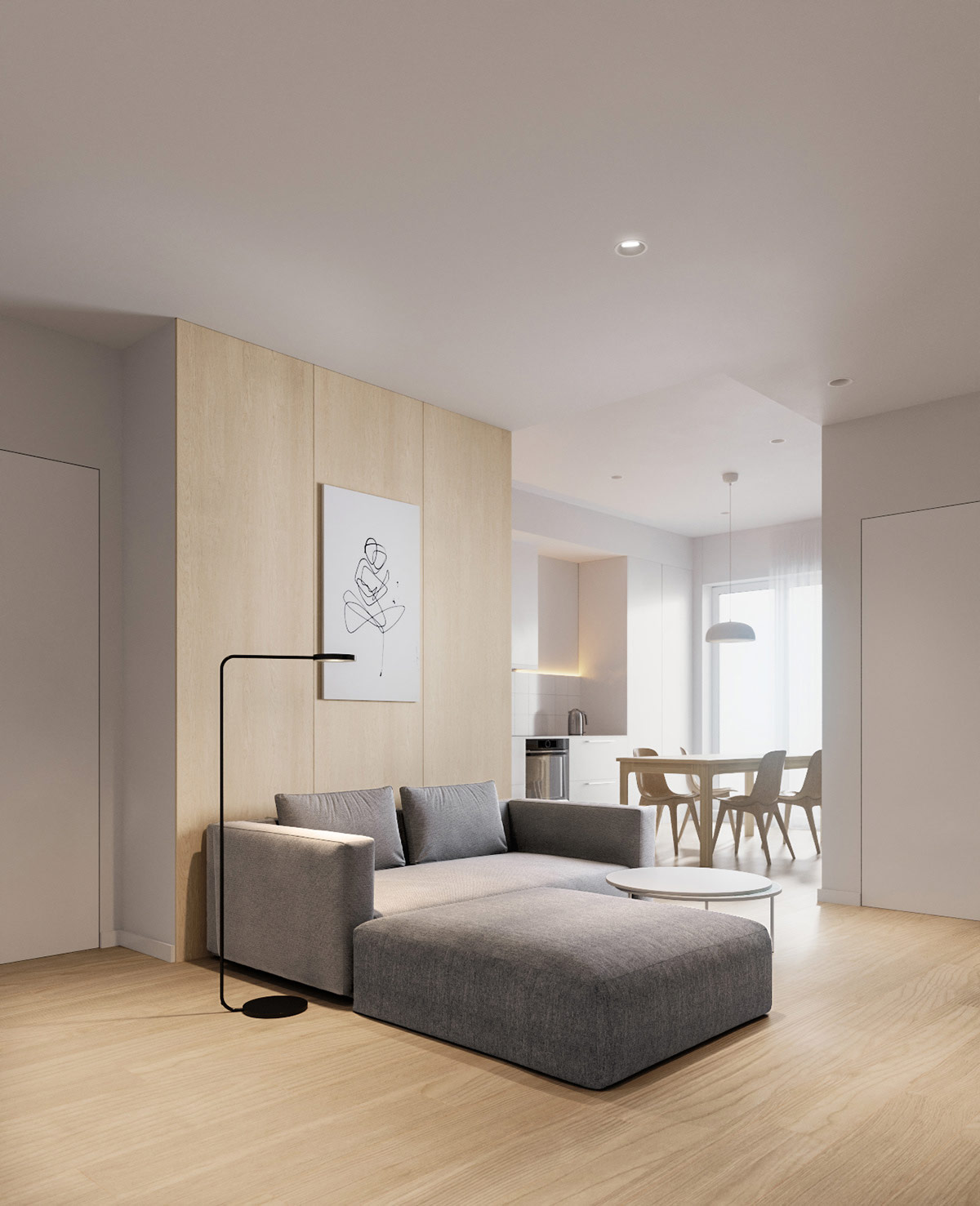 hình ảnh toàn cảnh phòng khách tối giản với bộ ghế sofa màu xám, đèn sàn màu đen nhỏ gọn
