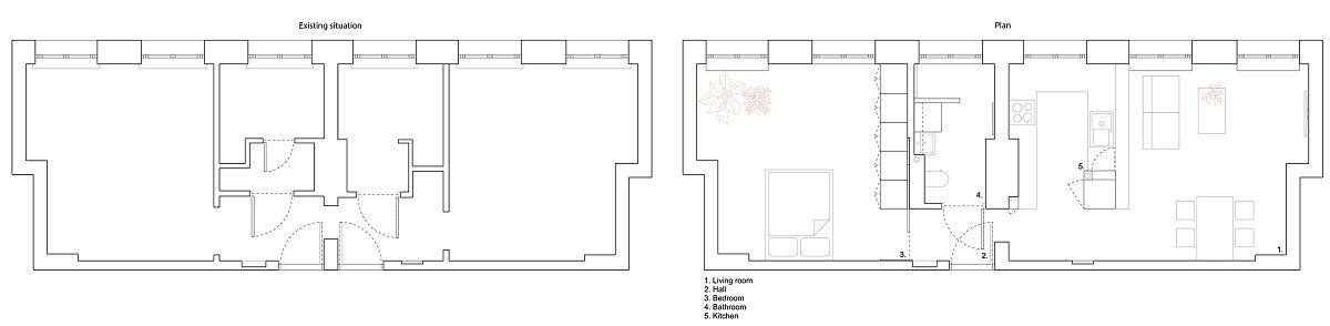 Sơ đồ mặt bằng trước và sau khi được cải tạo của căn hộ 50m2