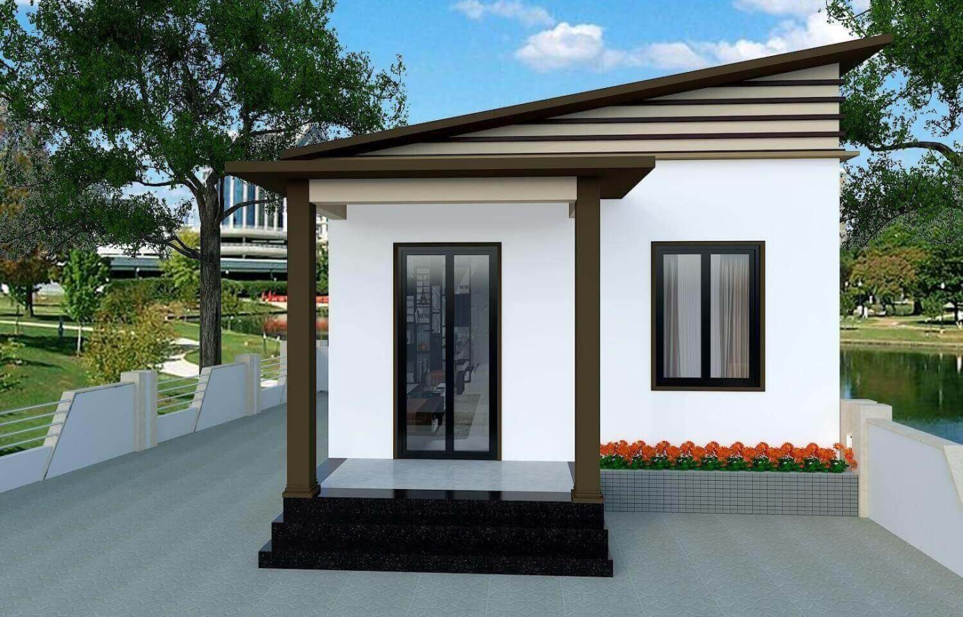 Mẫu nhà ống 1 tầng mái xéo phá cách độc đáo.