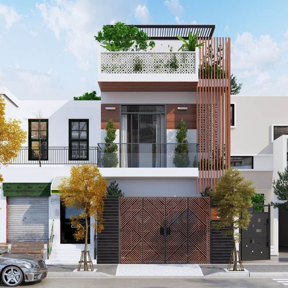 phối cảnh mẫu nhà ống 2 tầng hiện đại với không gian thư giãn lý tưởng trên tầng thượng.