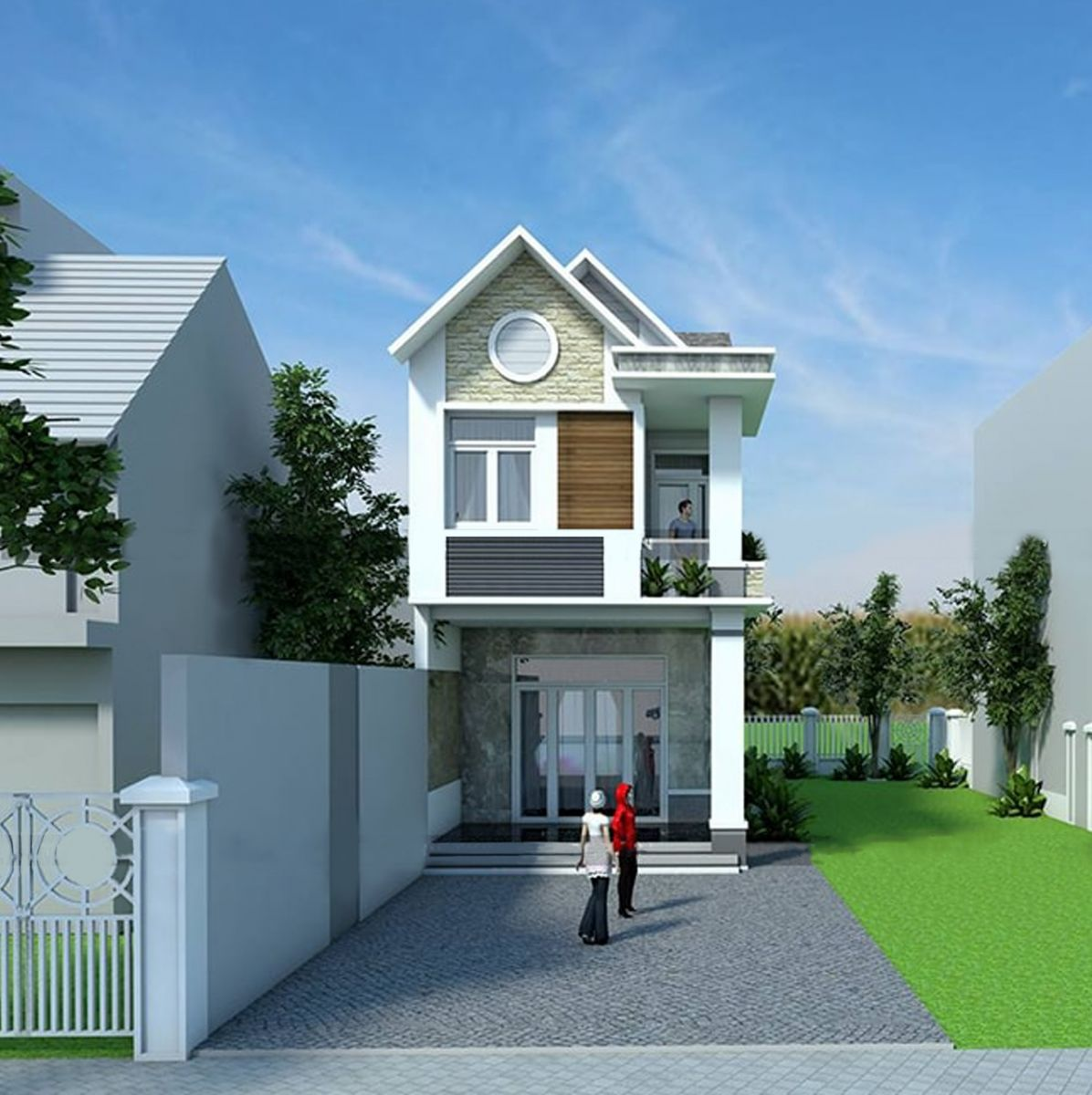 hình ảnh phối cảnh mẫu thiết kế nhà ống 2 tầng mái Thái