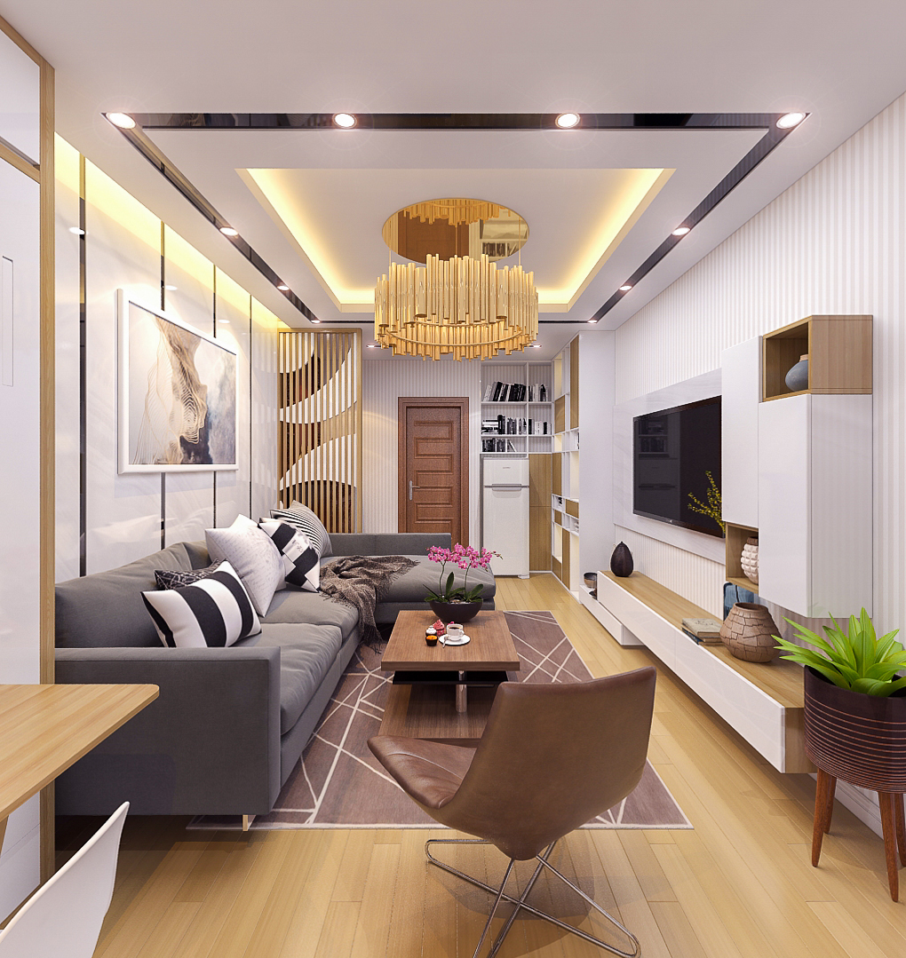 hình ảnh phòng khách biệt thự 2 tầng đẹp với sofa xám, đèn chùm màu vàng sang trọng