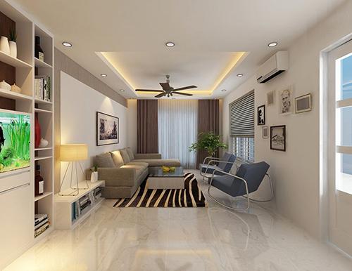 h&igrave;nh ảnh ph&ograve;ng kh&aacute;ch rộng r&atilde;i, tho&aacute;ng s&aacute;ng với điểm nhấn l&agrave; thảm trải m&agrave;u n&acirc;u kẻ sọc, ghế b&agrave;nh thư gi&atilde;n m&agrave;u x&aacute;m xanh, r&egrave;m cửa m&agrave;u n&acirc;u