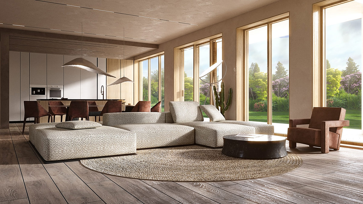 h&igrave;nh ảnh ph&ograve;ng kh&aacute;ch ng&ocirc;i nh&agrave; ngập tr&agrave;n &aacute;nh s&aacute;ng tự nhi&ecirc;n với cửa sổ k&iacute;nh trong suốt, b&agrave;n c&agrave; ph&ecirc; h&igrave;nh tr&ograve;n, thảm đay, sofa x&aacute;m