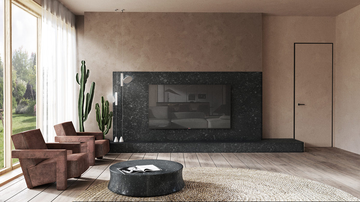 to&agrave;n cảnh ph&ograve;ng kh&aacute;ch sử dụng nội thất m&agrave;u n&acirc;u l&agrave;m điểm nhấn