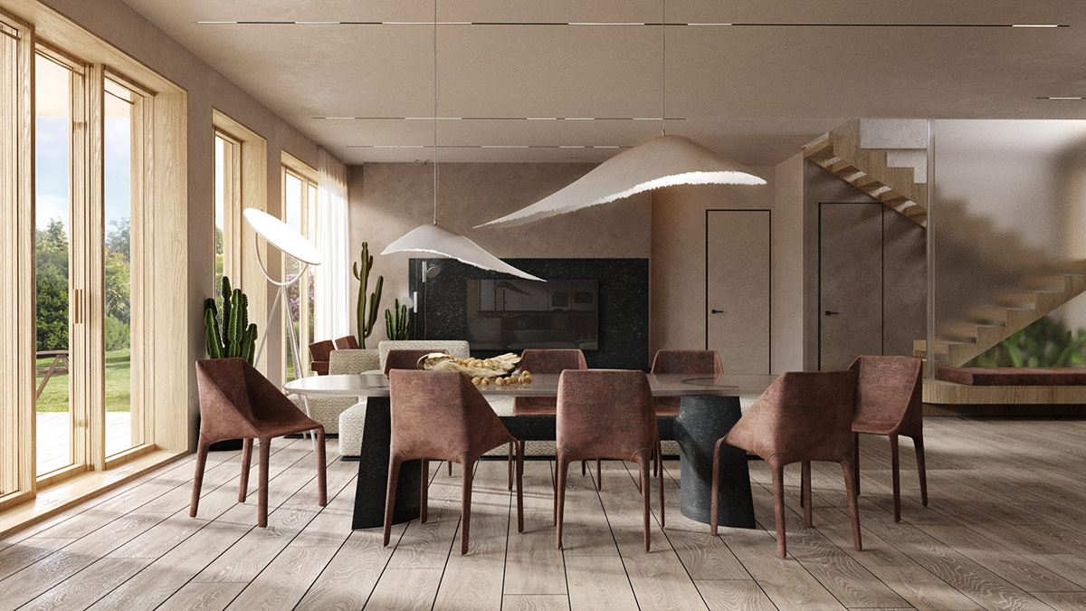 Đ&egrave;n thả mặt d&acirc;y chuyền m&agrave;u trắng tựa như một t&aacute;c phẩm nghệ thuật đi&ecirc;u khắc tỏa s&aacute;ng xuống b&agrave;n ăn với bộ ghế n&acirc;u mượt m&agrave;.