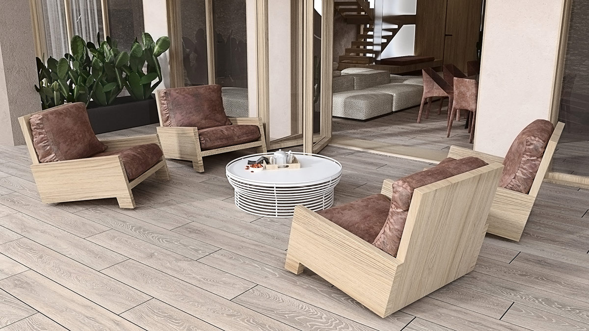 h&igrave;nh ảnh ngo&agrave;i s&acirc;n hi&ecirc;n, những chiếc ghế tựa l&oacute;t đệm n&acirc;u nhung &ecirc;m &aacute;i nổi bật tr&ecirc;n s&agrave;n gỗ m&agrave;u s&aacute;ng.