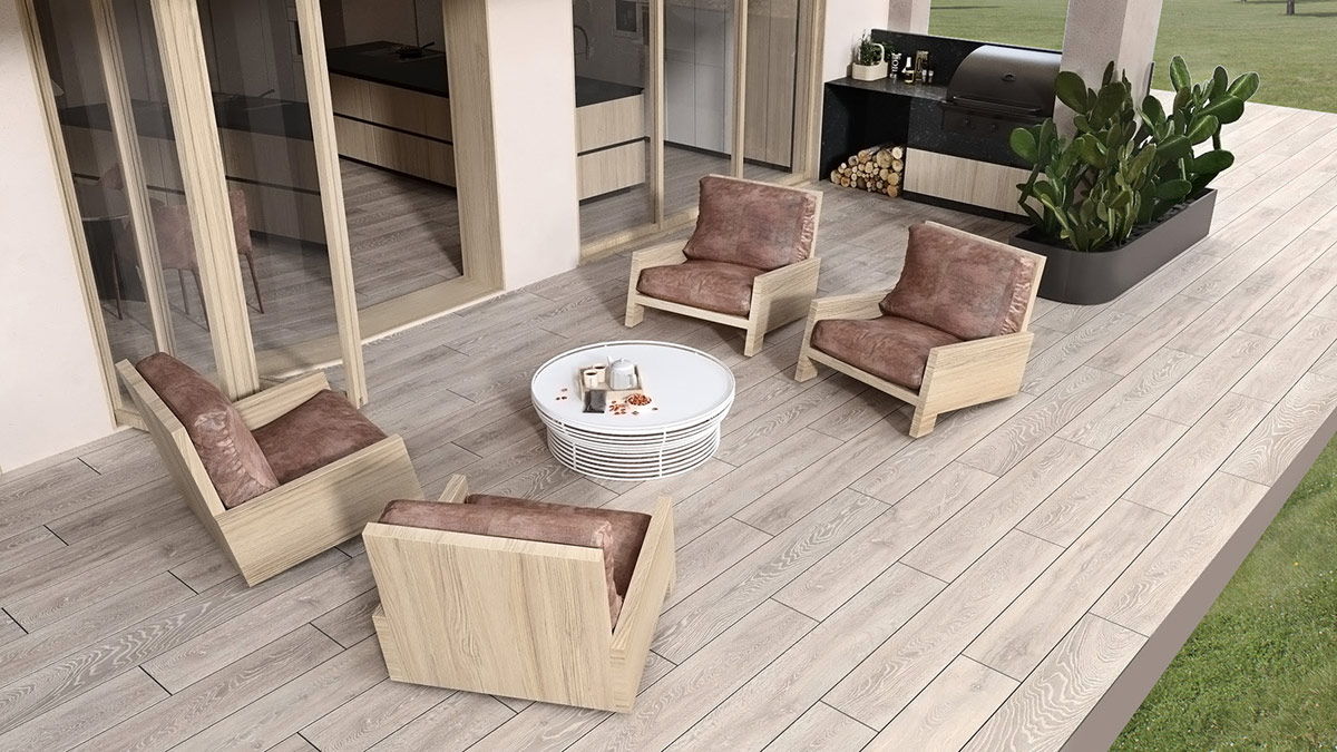 Đệm ghế m&agrave;u n&acirc;u tạo sự li&ecirc;n kết m&agrave;u sắc với nội thất b&ecirc;n trong ng&ocirc;i nh&agrave;.