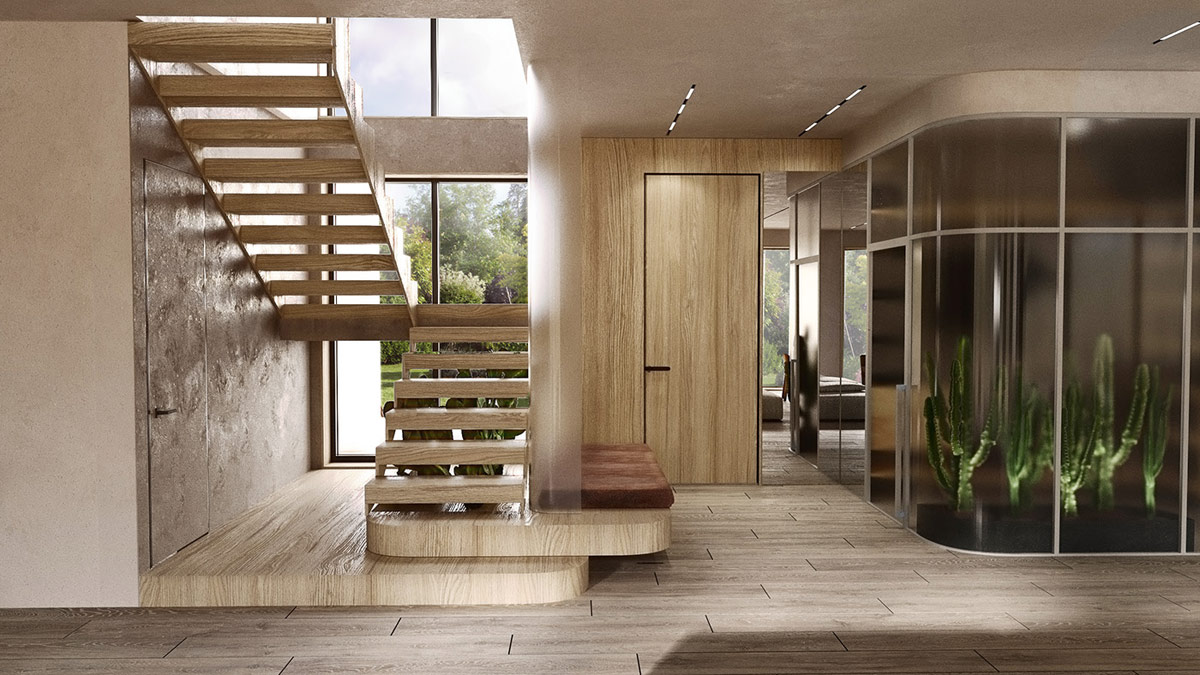 Băng ghế d&agrave;nh cho lối v&agrave;o được bố tr&iacute; ngay b&ecirc;n h&ocirc;ng của thiết kế cầu thang hiện đại, tựa như một phần của bệ n&acirc;ng cao tr&ograve;n trịa.