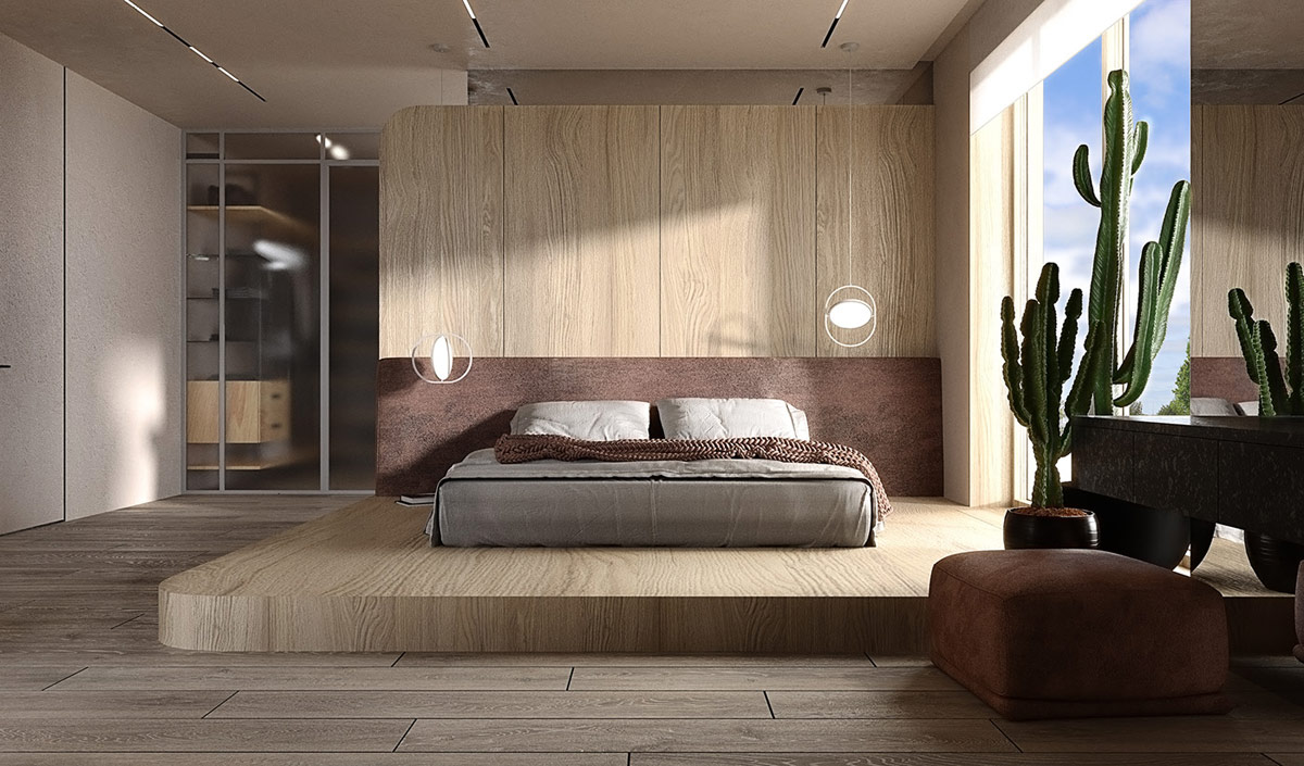 T&ocirc;ng m&agrave;u n&acirc;u trầm ấm &aacute;p, sang trọng tiếp tục hiện diện trong ph&ograve;ng ngủ lớn tho&aacute;ng đ&atilde;ng v&agrave; ngập tr&agrave;n &aacute;nh s&aacute;ng tự nhi&ecirc;n.