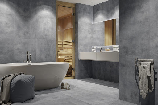 ph&ograve;ng tắm phong c&aacute;ch đương đại với tường sơn hiệu ứng b&ecirc; t&ocirc;ng