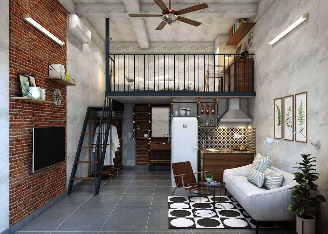 h&igrave;nh ảnh kh&ocirc;ng gian b&ecirc;n trong căn hộ c&oacute; g&aacute;c lửng với tường gạch lộ, sơn hiệu ứng b&ecirc; t&ocirc;ng