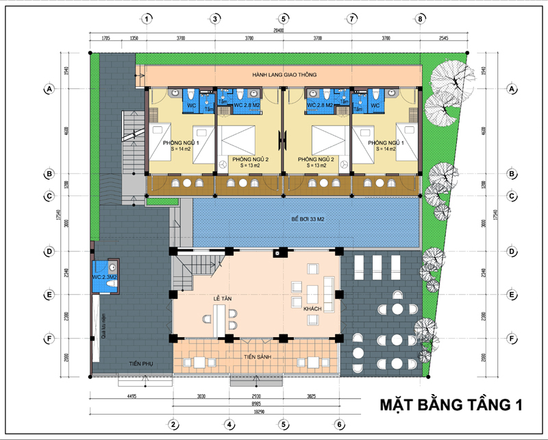 hình ảnh bản vẽ thiết kế mặt bằng tầng 1 biệt thự nghỉ dưỡng
