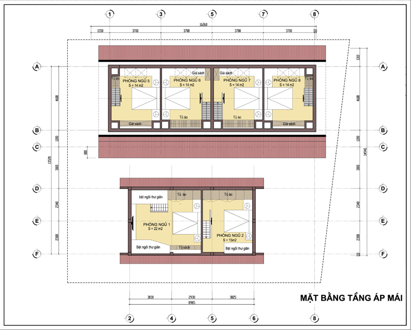hình ảnh bản vẽ thiết kế mặt bằng tầng áp mái biệt thự nghỉ dưỡng