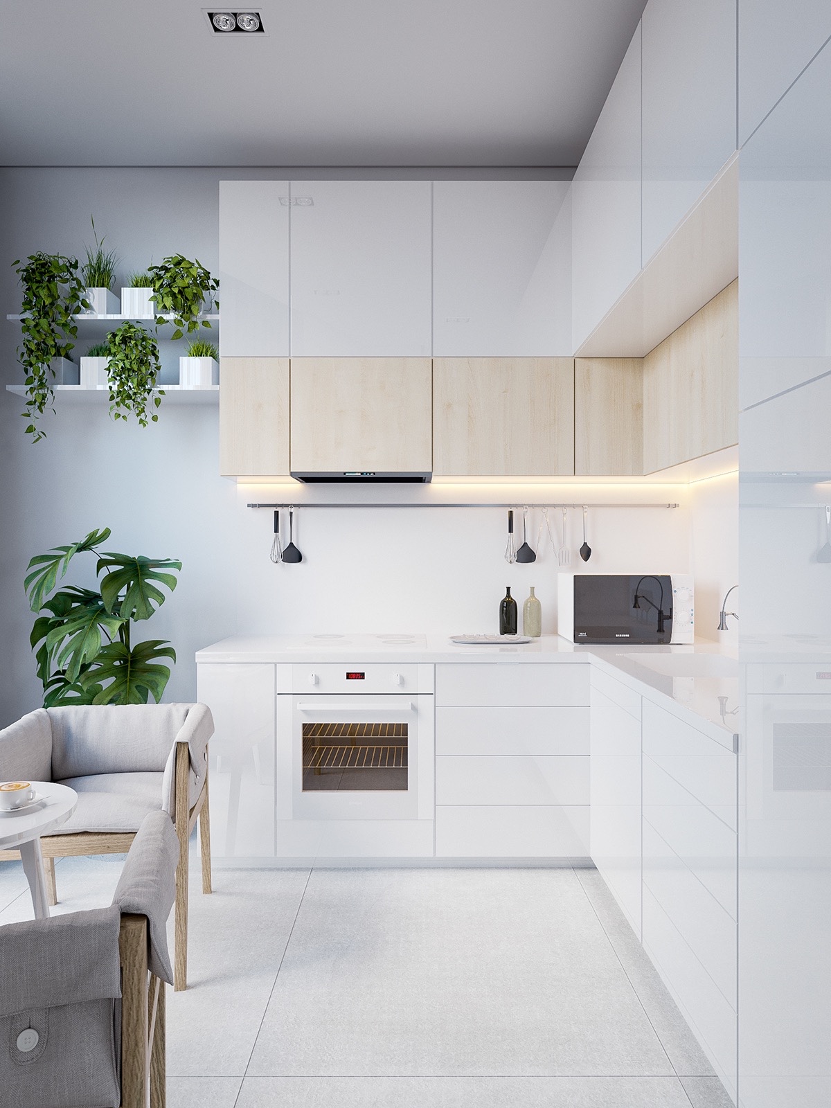 Tủ bếp chữ L m&agrave;u trắng c&aacute;nh phẳng tạo độ th&ocirc;ng tho&aacute;ng nhất định cho kh&ocirc;ng gian nấu nướng trong căn hộ hiện đại.