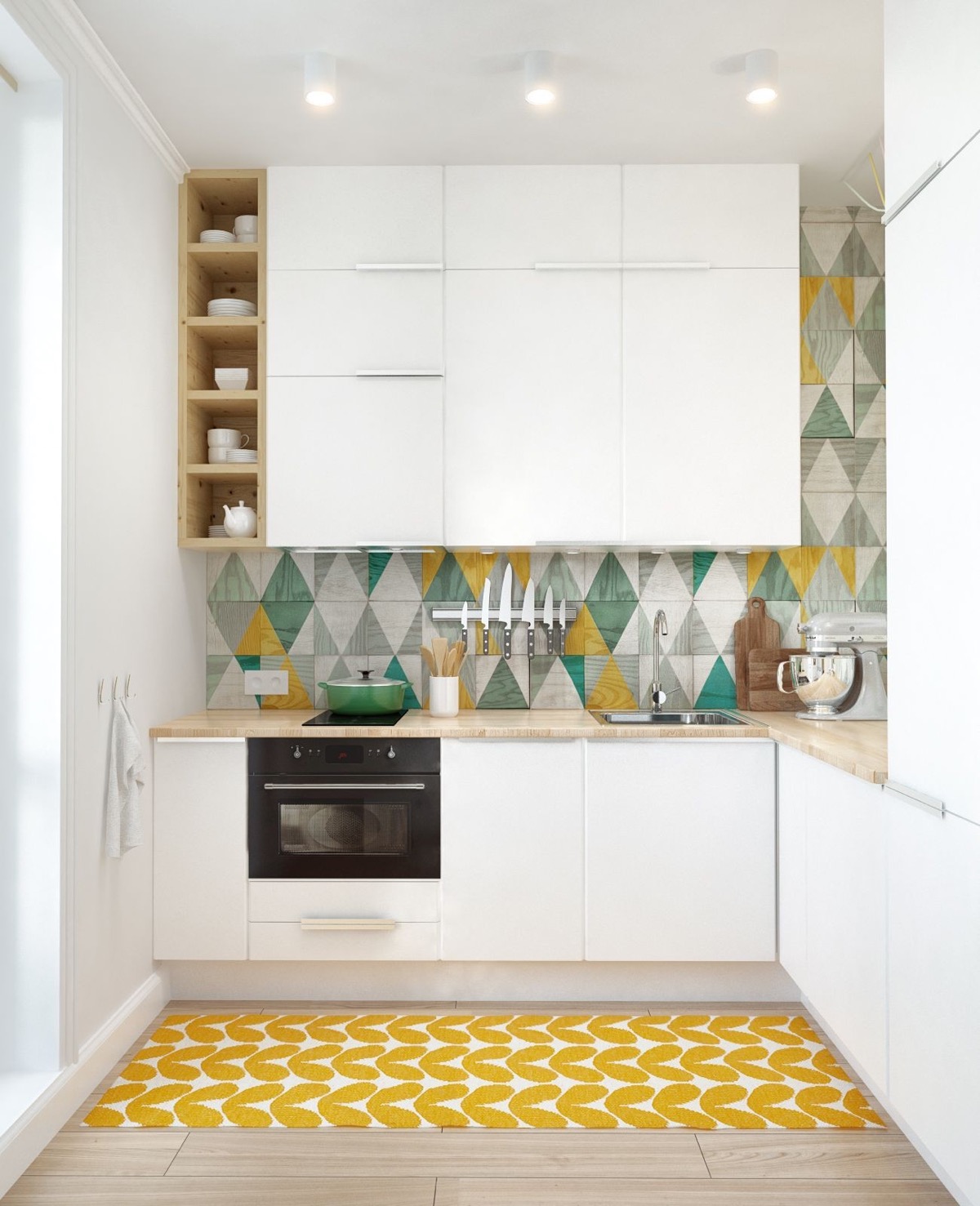 Chất liệu gỗ m&agrave;u s&aacute;ng v&agrave; c&aacute;c họa tiết tươi vui được th&ecirc;m v&agrave;o ph&ograve;ng bếp phong c&aacute;ch Scandinavian, tạo điểm nhấn tinh tế.