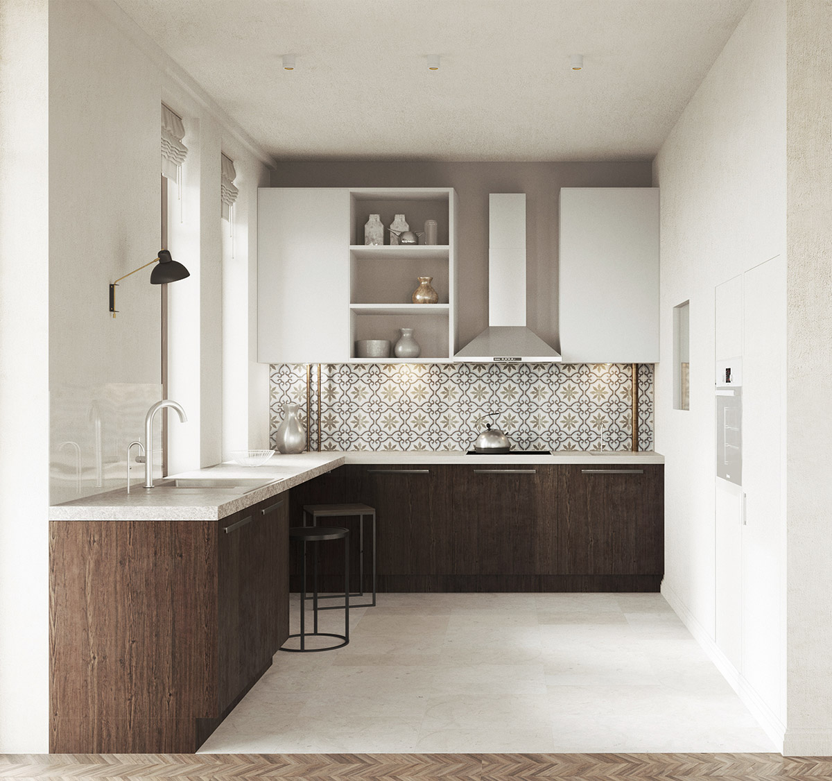 Gạch ốp backsplash hoa văn cổ điển g&oacute;p phần c&acirc;n bằng bảng m&agrave;u v&agrave; gia tăng chiều s&acirc;u cho ph&ograve;ng bếp chữ L.